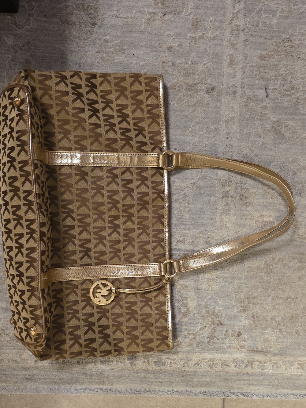 Michael Kors Brown/Tan MK Logo Tote with Gold Accents